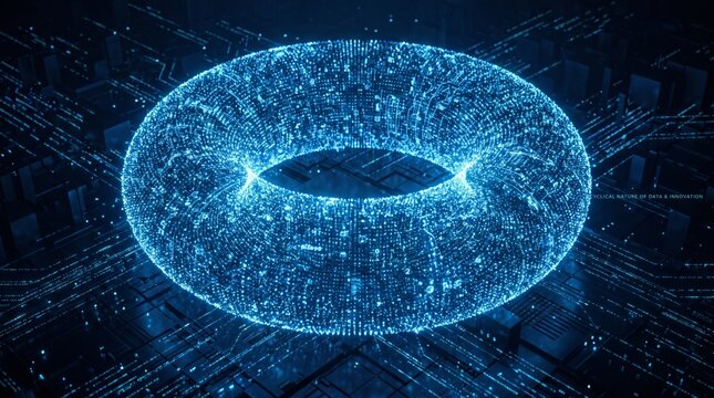 Glowing digital sphere with flowing data particles, abstract technology concept