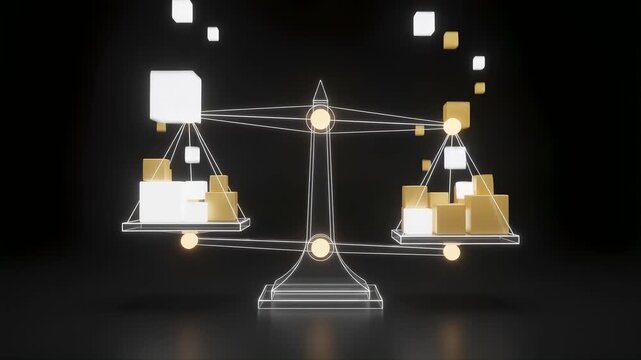 Seamless looping 3D animation of a glowing abstract digital balance scale perfectly leveling various data blocks in gold and white colors representing artificial intelligence ethics.