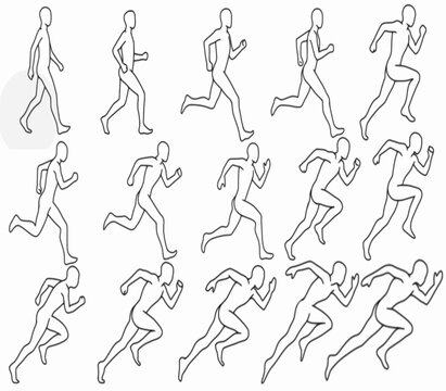 Running Male Athlete Motion Sequence Line Art Vector Set.