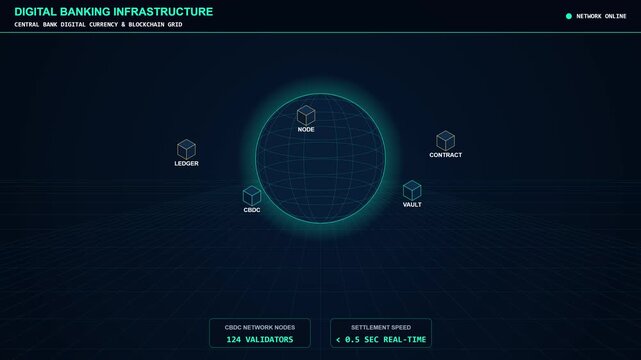 Futuristic Digital Banking Infrastructure Dashboard Displaying CBDC and Blockchain Network Grid