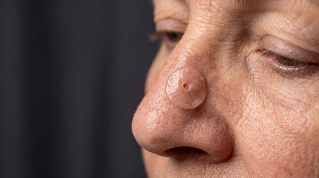 Close up portrait of senior woman nose displaying basal cell carcinoma skin lesion