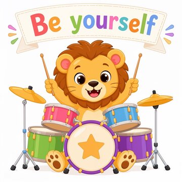 Cute cartoon baby lion sitting playing drums with text Be yourself vector illustration
