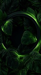 Obraz premium Futuristic glowing neon green circle frame surrounded by dark tropical jungle foliage