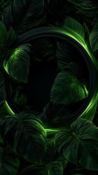 Futuristic glowing neon green circle frame surrounded by dark tropical jungle foliage
