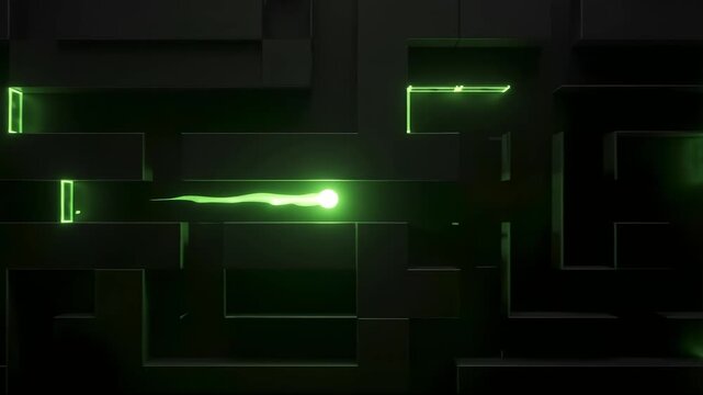 Seamless looping 3D animation of a bright neon green light navigating rapidly through a pitch black digital circuit maze opening light gates to represent autonomous decision making.