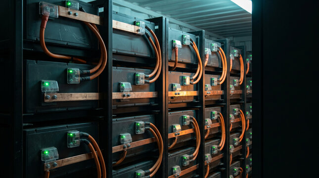 Battery modules with orange cables and copper busbars in storage rack
