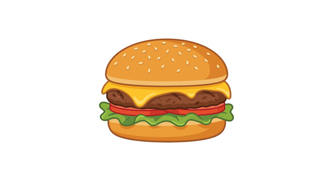 Cartoon cheeseburger with sesame seeds on a white background