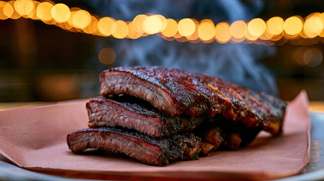 rustic butcher paper table at a smoky bbq restaurant with string lights