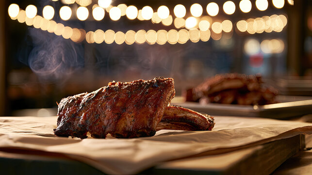 transparent butcher paper table at a barbecue restaurant under string lights