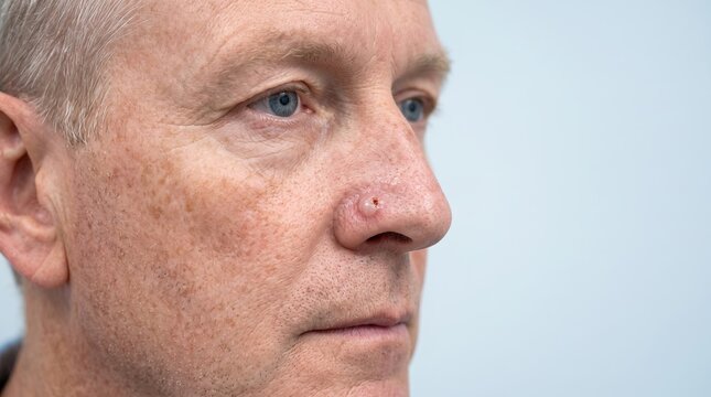 Basal Cell Carcinoma Nodular Lesion on Senior Caucasian Man Nose