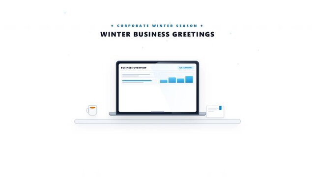 Winter Office Workspace with Laptop, Coffee and Seasonal Snowfall