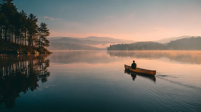 Man paddling a canoe across a serene lake surrounded by scenic natural landscapes, peaceful outdoor adventure and tranquil water recreation

