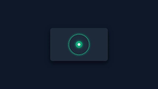 Information icon animation on a dark background with glowing green circle and pulsating dashed ring, representing data processing, system status, or notification alert.