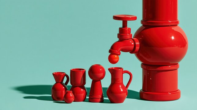 Glossy claymation still of a fat rounded red standpipe beside small red vessels on a mint plinth, with plenty of empty space for text