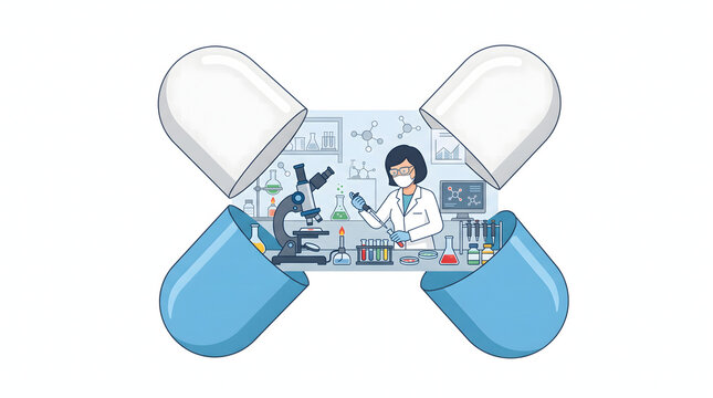 Vector illustration of a scientist working in a laboratory inside a medical capsule pill, representing pharmaceutical research and drug development