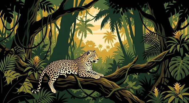 Flat layered vector illustration of a leopard resting on a tree branch inside a dense tropical jungle with monstera leaves, vines, and distant warm sunlight