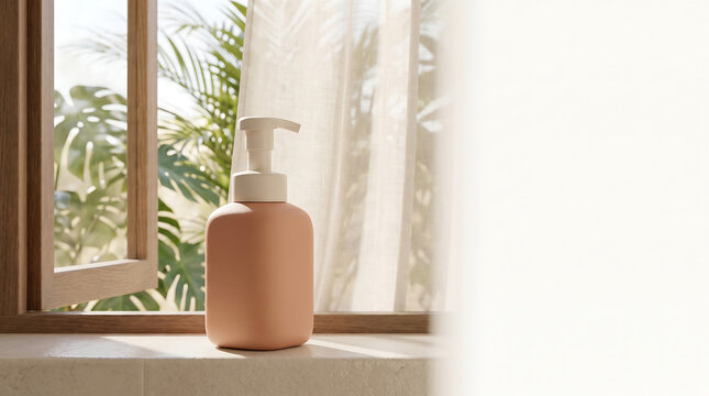 Displaying a clean pump bottle product mockup on a sunny window sill, framed by an open window revealing lush tropical plants.
