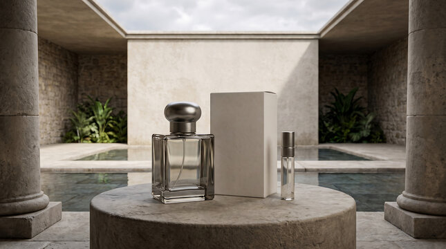 Clean and elegant product mockup featuring fragrance bottles on a stone pedestal in a luxurious architectural setting.
