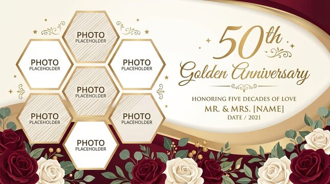 50th golden anniversary photo frame collage template with red roses