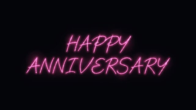 Happy anniversary neon sign animation, glowing pink script text on black background, for celebration and, greeting card projects