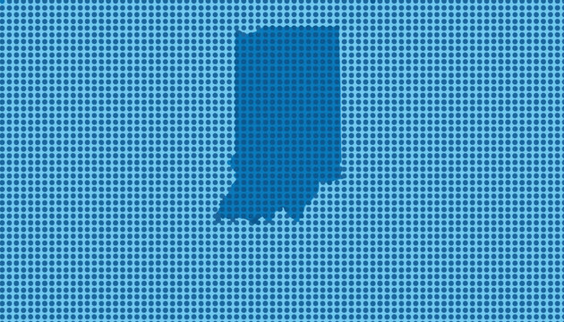 Halftone map of Indiana state made of blue dots on a light blue background representing geographic location and population.