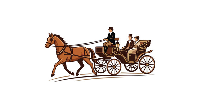 Vintage horse drawn carriage with passengers detailed vector illustration on white