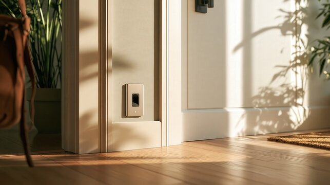 Fingerprint reader set into a pale door frame in soft sunlight as a person reaches to unlock, with generous copy space