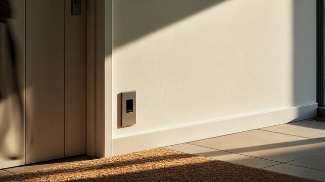 Fingerprint reader set into a pale door frame in soft sunlight as a person reaches to unlock, in a calm cinematic mood