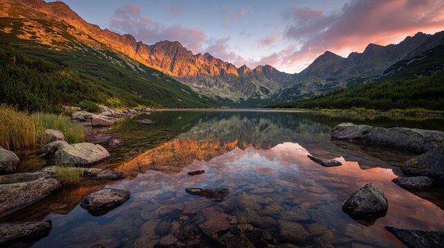 Sunrise over a mountain lake in tatra national park, poland, with golden dawn light and scenic alpine landscape
