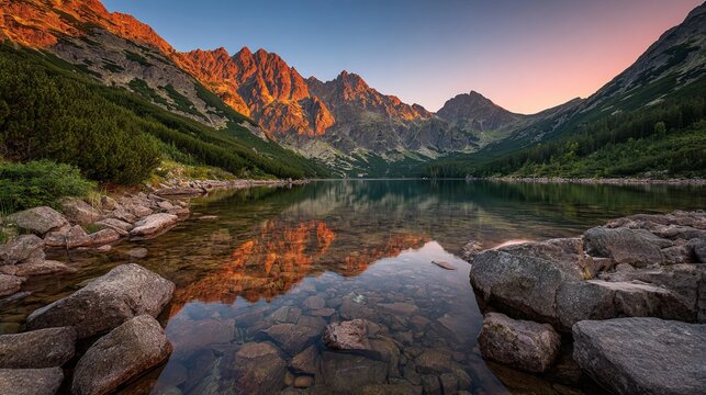 Sunrise over a mountain lake in tatra national park, poland, with golden dawn light and scenic alpine landscape
