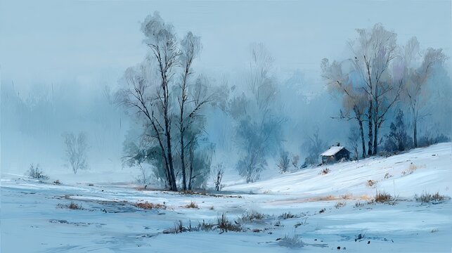 Snowy winter landscape with frosty trees and mountain scenery