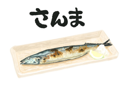 白バックにさんまの筆文字とお皿の上にのった秋刀魚の塩焼きイラスト
