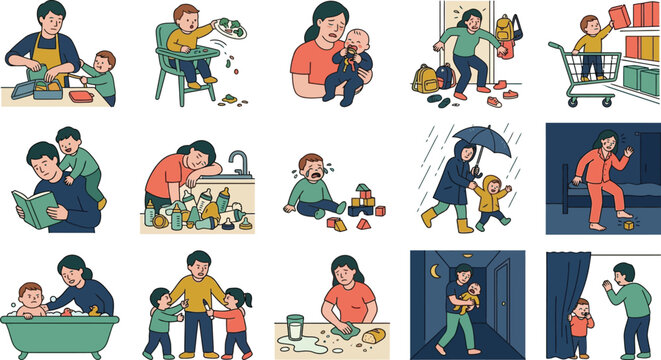 Stressed parenting vector illustrations, exhausted mother and father with crying children, daily life chaos and burnout scenes, 15 flat icons