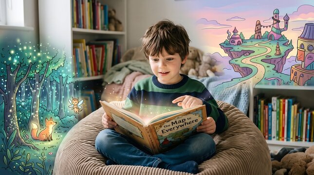 A young boy reads a magic book in a cozy room, imagining a fantasy forest with creatures and a castle on a cloud.