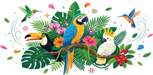 Fototapeta premium Exotic Tropical Birds Vector Composition with Macaw, Toucan, Cockatoo, and Hummingbirds in Rainforest Jungle Leaves and Hibiscus Flowers for Summer Banner Designs
