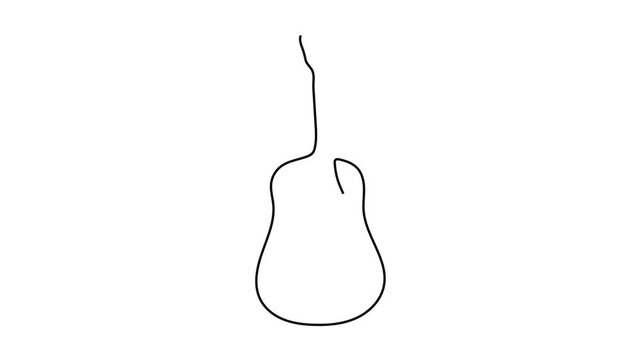 Continuous One Line Drawing of Acoustic Guitar, Minimalist Linear Outline Musical Instrument Animation on White Background