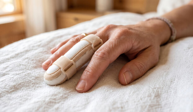 Finger splint worn by patient to immobilize fractured digit after medical injury.