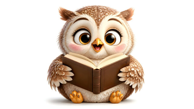 Cute cartoon owl reading a book isolated on a transparent background for educational design