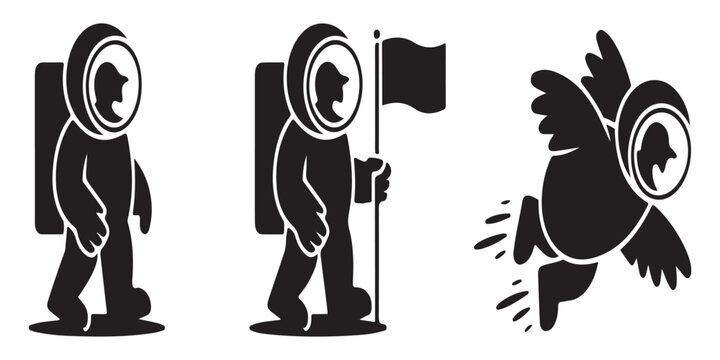 Cute astronaut icons set with space traveler walking carrying flag and flying with wings vector black silhouettes isolated on white.