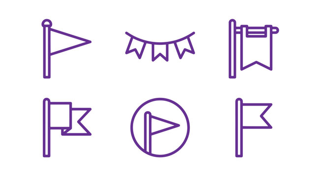 A collection of six purple flag on a white background, including triangular pennants, a bunting garland, and various rectangular flags