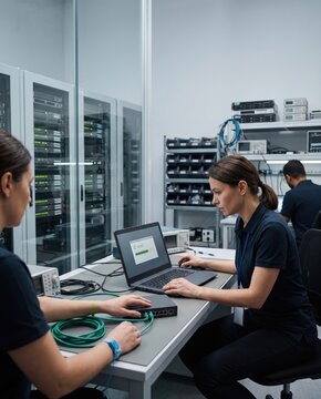 Female network engineer configuring ethernet switch on laptop in server laboratory