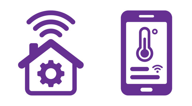 Purple smart home technology featuring a house with gear and wireless signal, and a smartphone displaying a thermometer temperature gauge