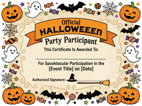 Halloween party participant certificate with pumpkins ghosts and candy illustration