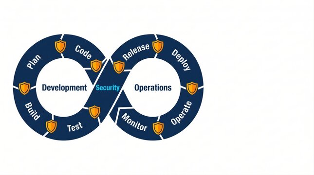 Infographic diagram of modular DevSecOps infinity loop with continuous integration development and security mockup