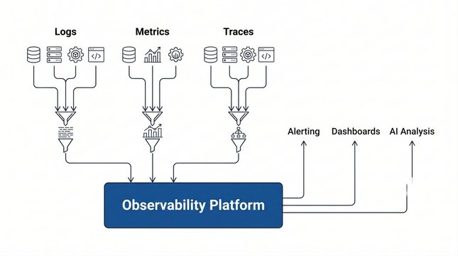 Infographic diagram of modular observability platform architecture with logs metrics traces and AI analysis mockup