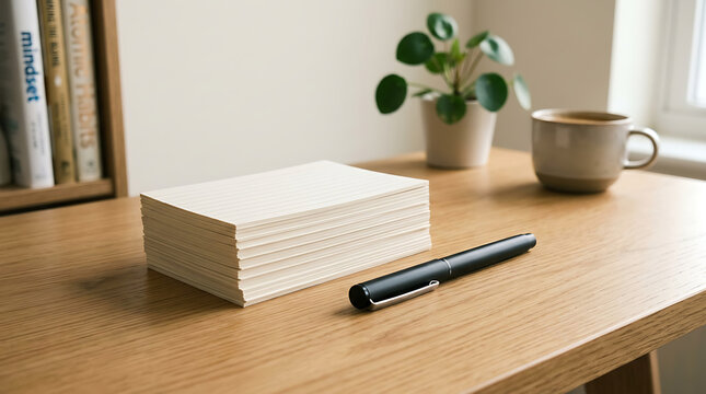 Stack of blank index cards and a black pen on a wooden desk