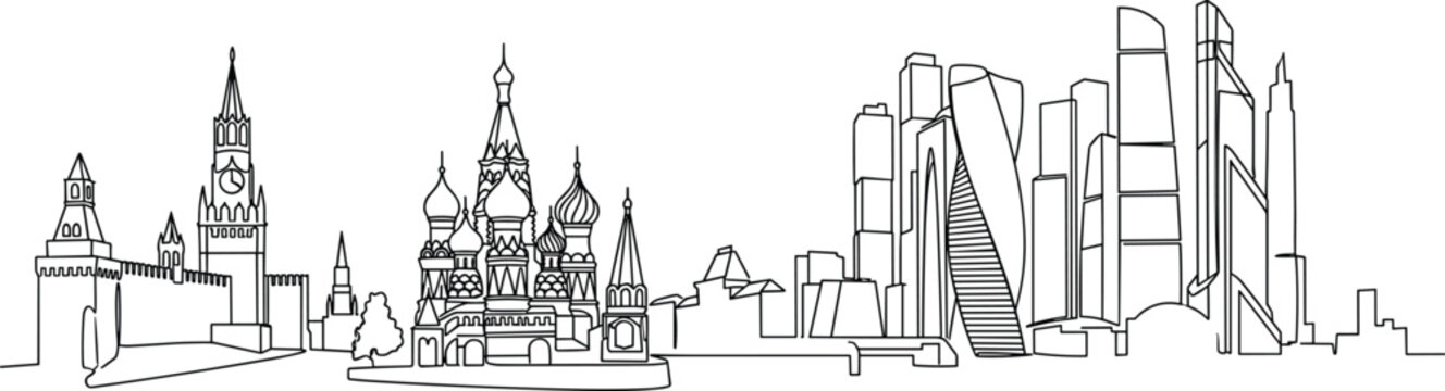 Moscow skyline vector illustration with historic kremlin buildings and modern skyscrapers