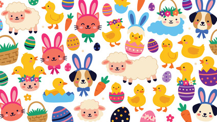 Obraz premium Easter Animals Seamless Pattern - Cute Baby Chicks, Ducklings, Lambs, Kitten and Puppy with Bunny Ears, Eggs and Baskets Vector Background