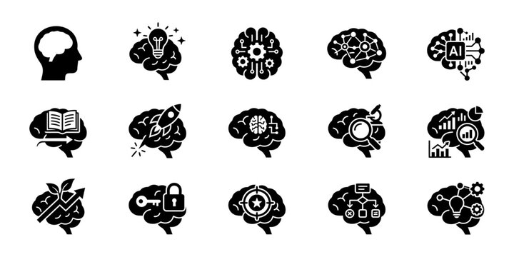 Set of black and white icons representing the human brain with various creative and analytical thinking concepts