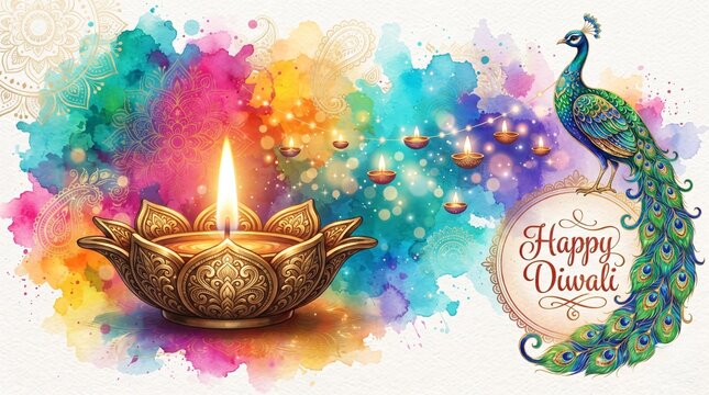 Happy Diwali Watercolor Banner with Elegant Peacock and Large Golden Diya